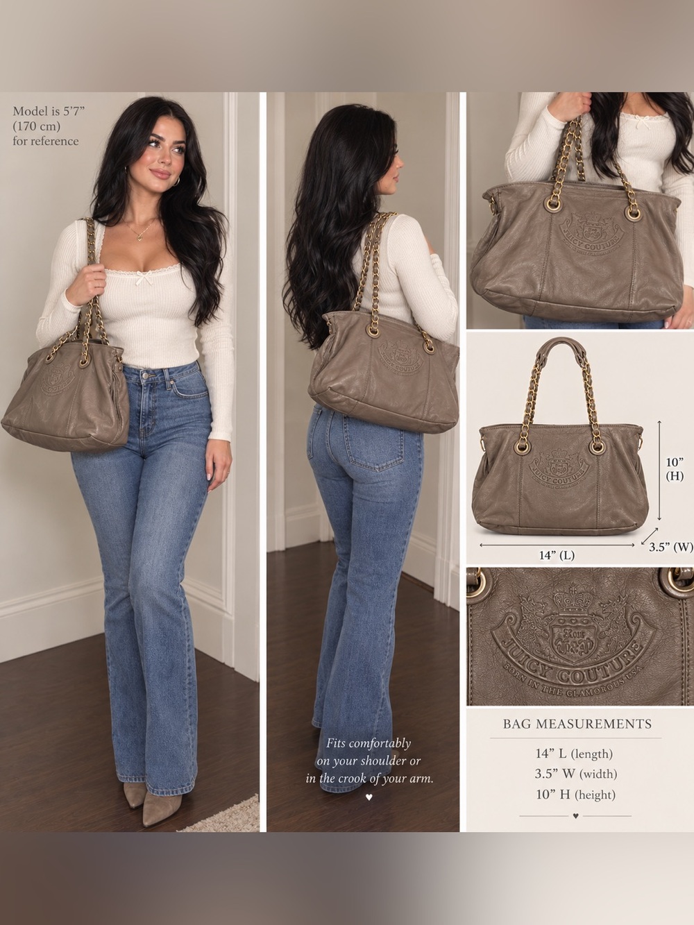 Juicy Couture Taupe Leather Tote with Gold Chain Handles